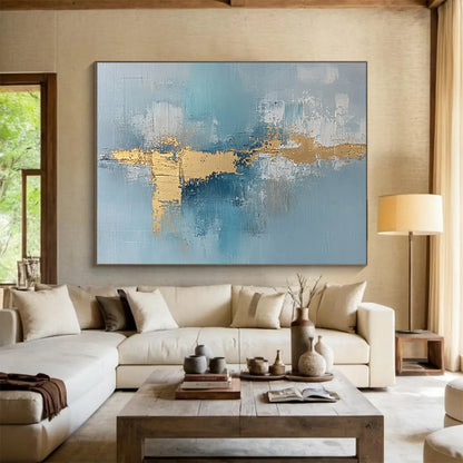 “Blue - Gold Abstract Stripes” - Blue, Gold, White with Textured Stripes - Abstract Acrylic HB1358