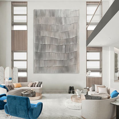 Contemporary hand-painted abstract art features textured gray vertical lines resembling wavy wood surfaces on a neutral gray background. DLZ1481