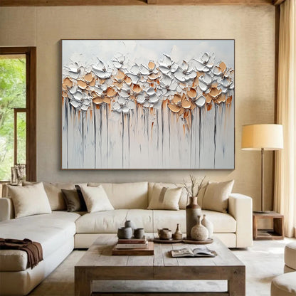 “White - Gold Floral Drip” - White, Gold, Beige with Flower Row - 3D Impasto Painting HB1350