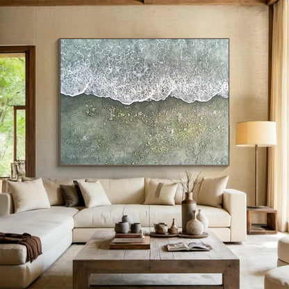 Aerial View of Foamy Waves on Sandy Beach - Realistic Coastal Painting On Canvas HB0487