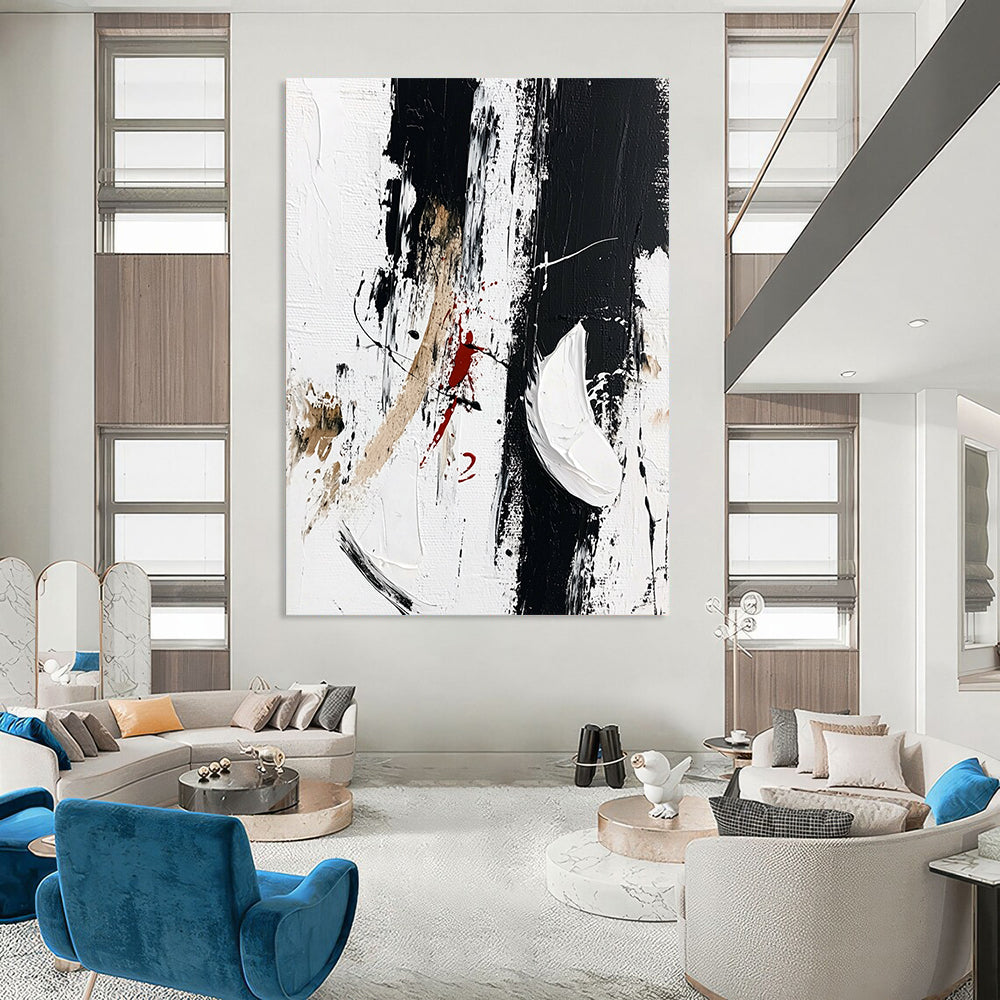 Contemporary abstract artwork features striking black brush strokes with white shoes embellished by vibrant red paint scribbles, embodying minimalism and fashion art style. DLZ0818
