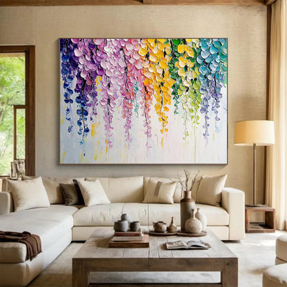 “Colorful Cascading Blooms” - Bright purples, pinks, yellows, greens, blues; Dripping flower blossoms; Impasto Floral Painting On Canvas HB1163