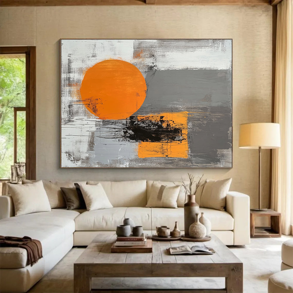 Gray, Black, Orange and White Minimalist Abstraction "Subtle Energy" Painting On Canvas HB337