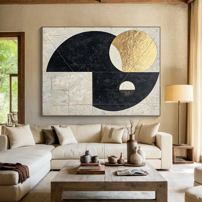 Black, White, Gray, Gold, Overlapping Circles "Gilded Orb Harmony" Abstract Modernist Painting On Canvas HB123
