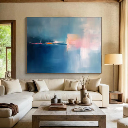 “Soft Blue Abstract Dusk” - Blue, Pink, Orange, Abstract Twilight - Minimalist Oil Painting HB1503