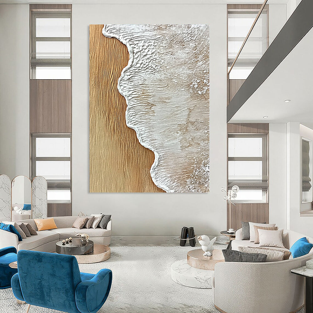 Contemporary hand-painted abstract artwork featuring textured sand and wood with ocean wave edge in white, capturing the essence of sea foam. DLZ1206