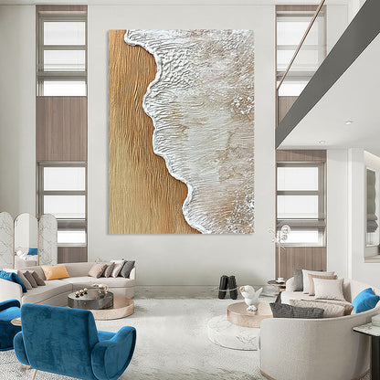 Contemporary hand-painted abstract artwork featuring textured sand and wood with ocean wave edge in white, capturing the essence of sea foam. DLZ1206