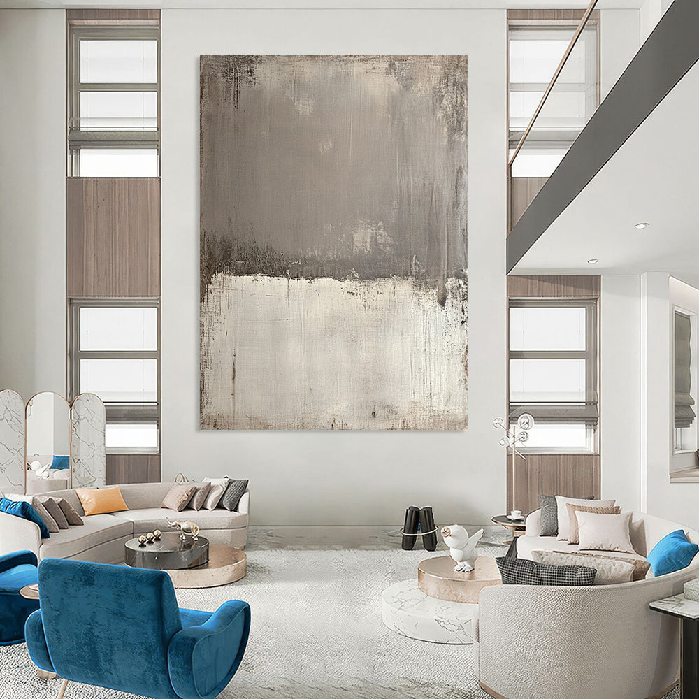 Contemporary hand-painted abstract canvas featuring textured gray tones with sepia edges and a bold white section for striking contrast and depth. DLZ1172
