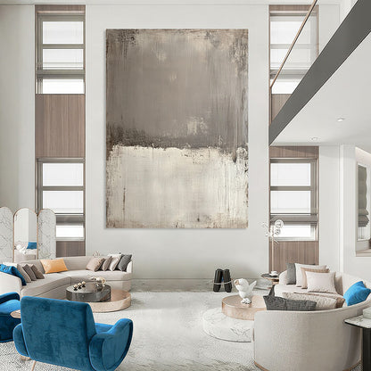 Contemporary hand-painted abstract canvas featuring textured gray tones with sepia edges and a bold white section for striking contrast and depth. DLZ1172
