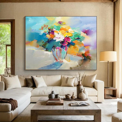 Colorful Flower Vase Oil Painting - Vibrant Living Room or Dining Room Art DLZ191