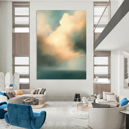 Contemporary abstract oil painting features muted teal and beige clouds over an ocean, creating a serene and captivating atmosphere. DLZ0892