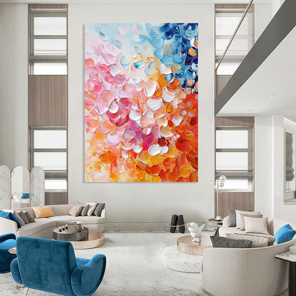 Contemporary abstract painting featuring vibrant pink, orange, and blue petals in thick impasto strokes, perfect for enhancing any modern space. DLZ0384