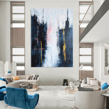 Contemporary hand-painted abstraction featuring dark blue spires against a white sky with pink clouds and vibrant yellow and orange accents in a minimalist style. DLZ0646