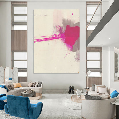 Contemporary hand-painted abstract art features minimalistic brushstrokes with pink and gray ink on textured white paper, highlighted by a thin magenta line. DLZ1519