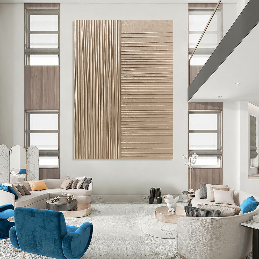 Contemporary hand-painted abstract art features beige wall cladding with smooth textured panels showcasing vertical grooves and flat surfaces for a sophisticated aesthetic. DLZ1532