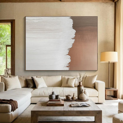 “White and Warm Brown Textured Split” - Minimalist Abstract Painting On Canvas HB0509
