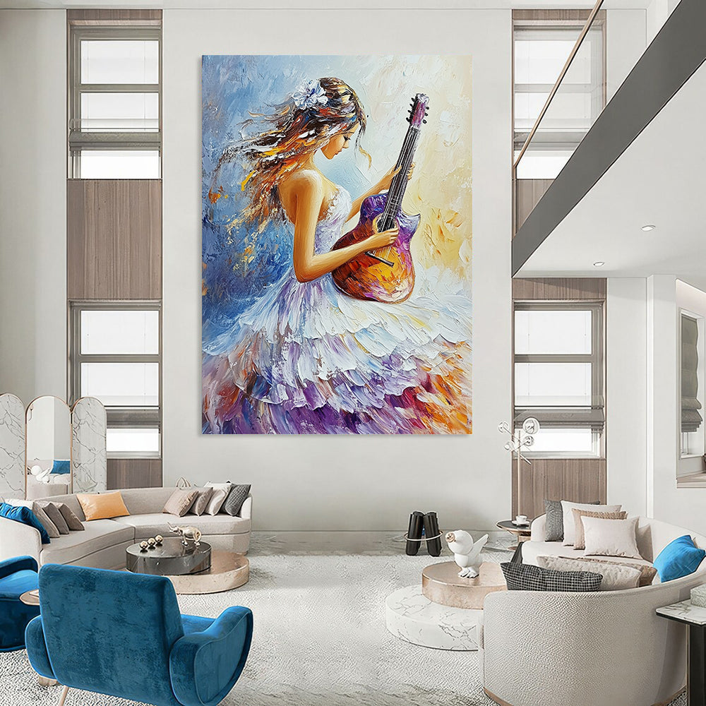 Contemporary abstract oil painting featuring a girl in a flowing white and purple dress playing guitar with vibrant colors and delicate brushstrokes. DLZ1658