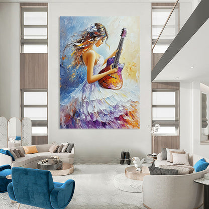 Contemporary abstract oil painting featuring a girl in a flowing white and purple dress playing guitar with vibrant colors and delicate brushstrokes. DLZ1658