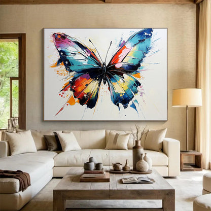 “Rainbow - Hued Butterfly” - Bright Pink, Blue, Yellow, Orange, Textured Butterfly Abstract Painting On Canvas HB0984