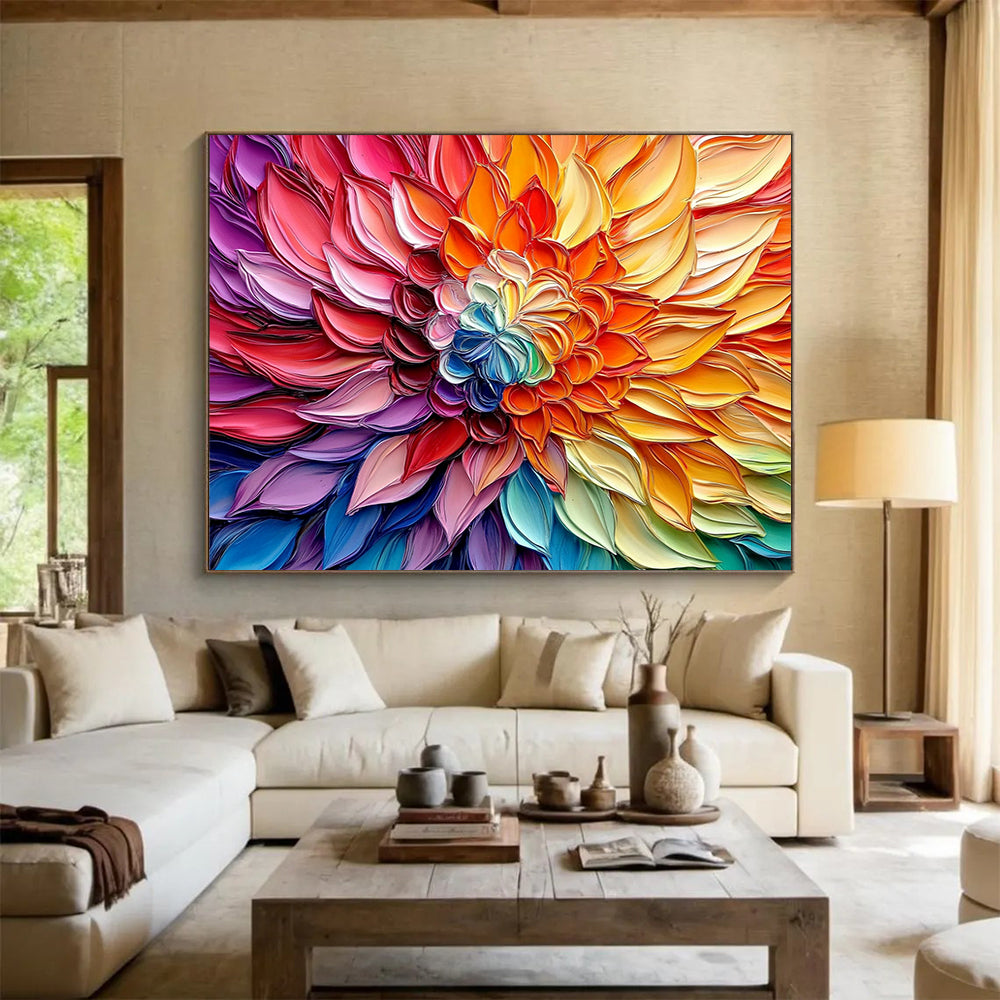 “Textured Rainbow Flower” - Multicolor, Textured Flower Painting On Canvas HB0745