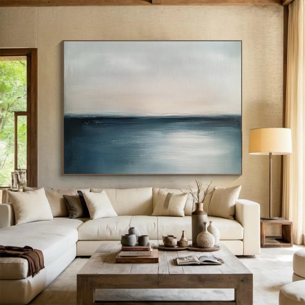 “Serene Horizon” - Soft Gray and Deep Blue, Calm Sea and Sky Painting On Canvas HB0906