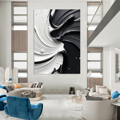 Large contemporary abstract painting featuring a dynamic swirl of white and black paint that enhances depth and elegance in any space. DLZ1476