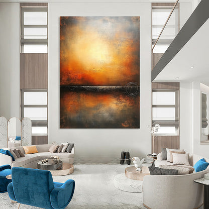 Contemporary hand-painted abstract art featuring an endless horizon in warm colors and muted tones on a textured canvas. DLZ0887