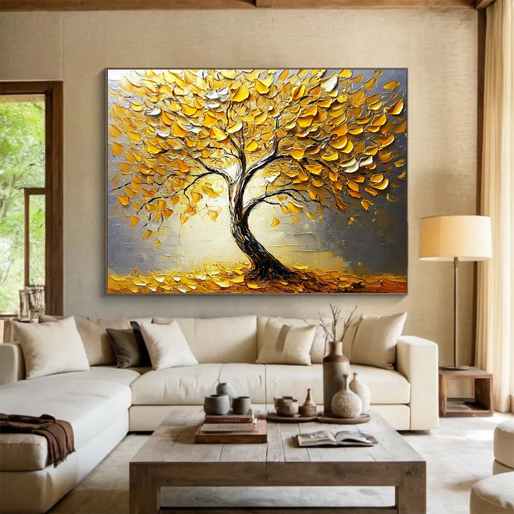 “Textured Golden Tree” - Gold, Gray, 3D Golden Leaves, Tree - Impasto Oil Painting HB1678