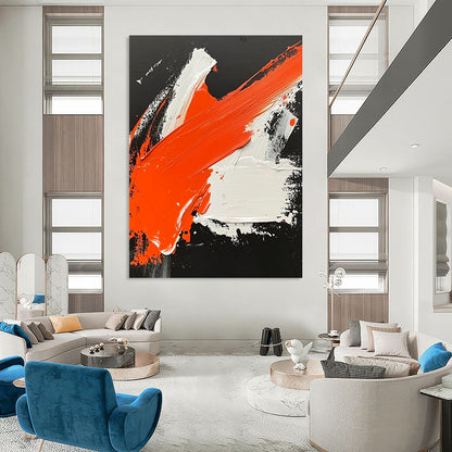 Contemporary hand-painted abstract artwork featuring dynamic orange and white strokes on a striking black background inspired by Wu Guanzhong. DLZ0499