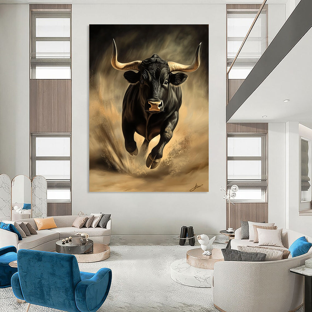 Vibrant contemporary abstract art featuring a dynamic black bull evoking energy and movement in a stunning digital painting style. DLZ1555