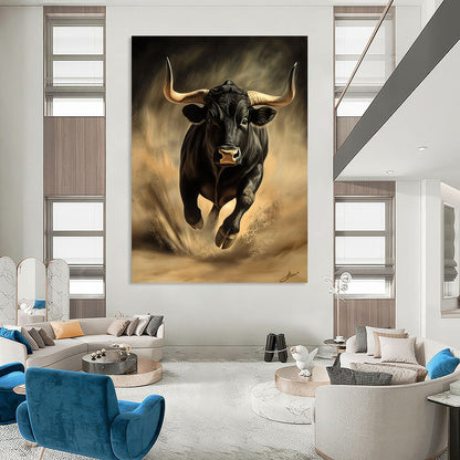 Vibrant contemporary abstract art featuring a dynamic black bull evoking energy and movement in a stunning digital painting style. DLZ1555