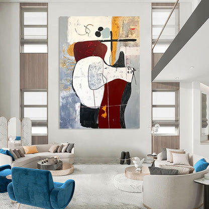 Contemporary abstract artwork featuring an animal on a chair in red and white tones with black lines on a gray background in oil on canvas. DLZ1012
