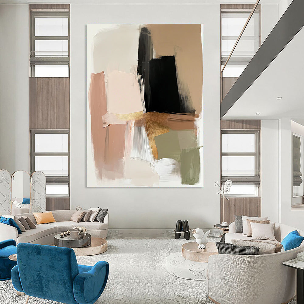 Contemporary hand-painted abstract art in beige and black with gold accents featuring expressive brush strokes and a neutral palette of serene colors. DLZ0880