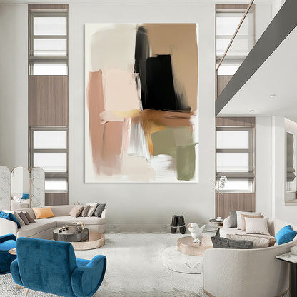 Contemporary hand-painted abstract art in beige and black with gold accents featuring expressive brush strokes and a neutral palette of serene colors. DLZ0880