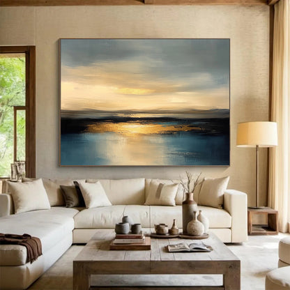 “Golden Sunset Reflection” - Gray, Gold, Blue - Abstract Sunset Over Water - Acrylic Painting HB1306