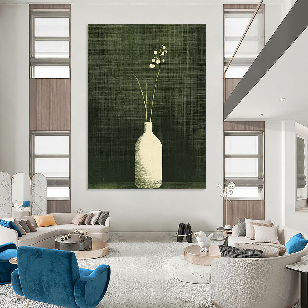 Large contemporary abstract artwork featuring lily of the valley in a textured monochrome design with a dark green background and simple vertical lines. DLZ1589