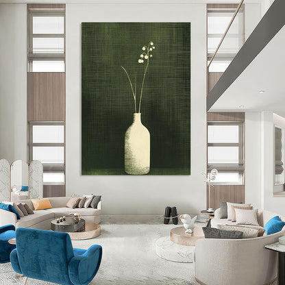 Large contemporary abstract artwork featuring lily of the valley in a textured monochrome design with a dark green background and simple vertical lines. DLZ1589