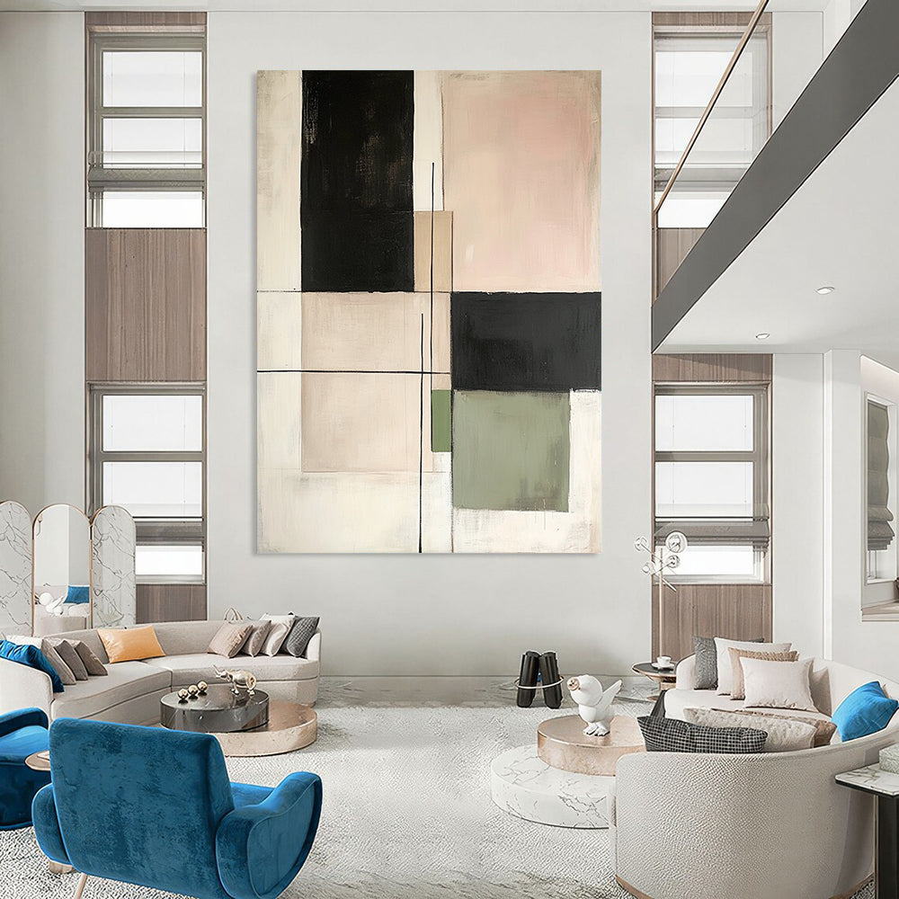 Contemporary hand-painted abstract art featuring minimalist squares and lines in neutral tones of beige black green and white on canvas. DLZ1629
