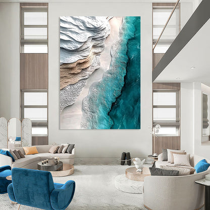 Contemporary hand-painted abstract art capturing serene white sand and turquoise water in a hyper-realistic aerial view. Ideal for modern decor. DLZ0280
