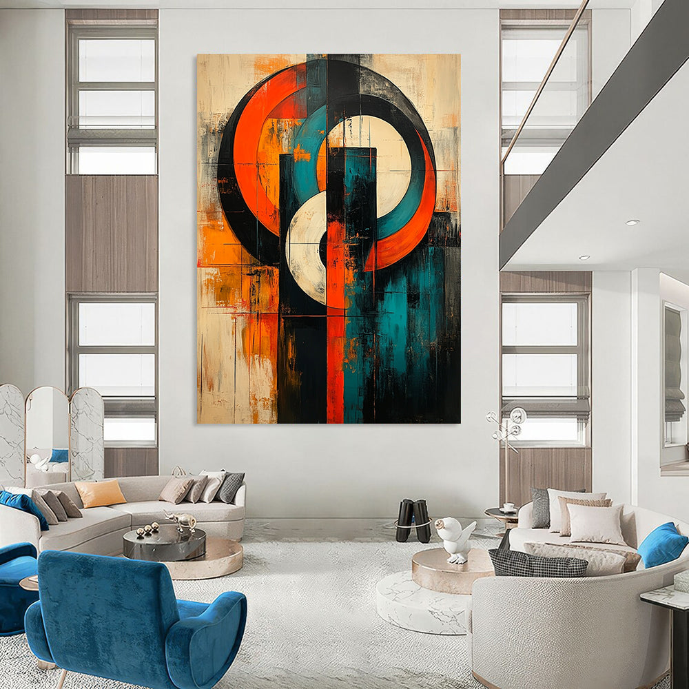 Bold contemporary abstract artwork featuring large circles and geometric lines in vibrant orange teal blue white black red and grey on canvas texture. DLZ1037