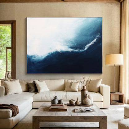 “Ocean Wave” - Soothing whites, light blues, deep navies; Abstract ocean wave; Minimalist Seascape Painting On Canvas HB1154