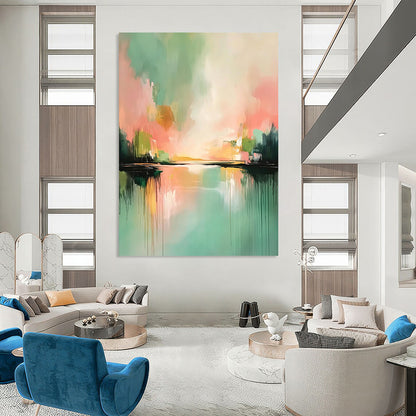 Contemporary abstract painting featuring soft pinks and greens with reflections on water atmospheric clouds and light gold highlights. DLZ0407