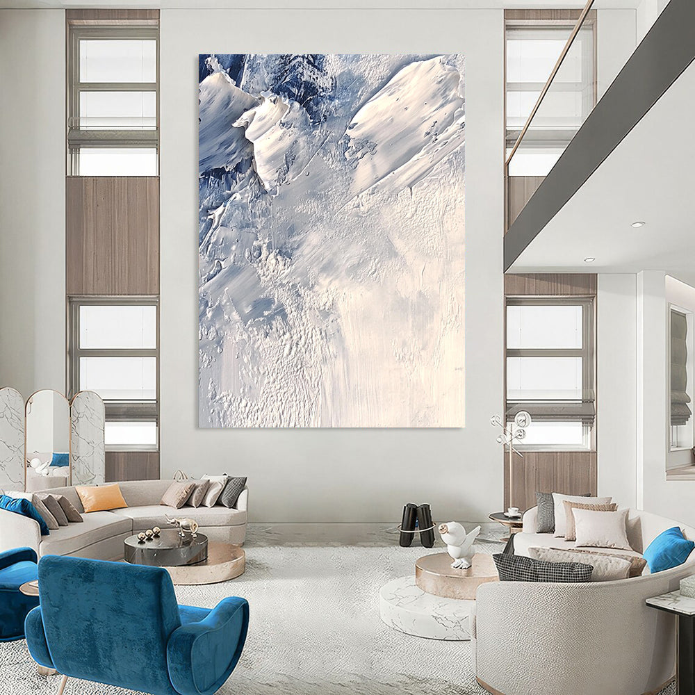 Contemporary abstract artwork features textured ice layers in shades of white and gray, evoking a cold atmosphere with intricate impasto details. DLZ0805