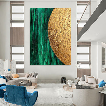 Contemporary hand-painted abstract art featuring emerald green and gold with smooth brush strokes and organic white textured patterns. DLZ0916