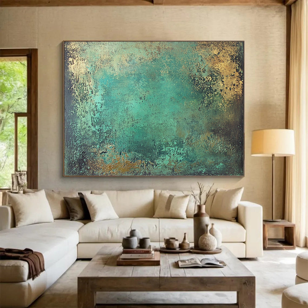 “Teal - Gold Textured Canvas” - Vibrant teal with gold accents, Textural Abstract Painting On Canvas HB0550
