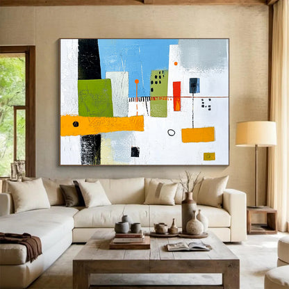 “Geometric City Blocks” - Greens, blues, oranges, whites; Abstract geometric city buildings; Minimalist Acrylic Painting On Canvas HB1179