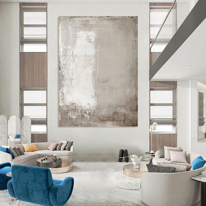 Contemporary hand-painted abstract art featuring soft neutral tones and aged textures with subtle outlines of buildings and trees for depth. DLZ1278