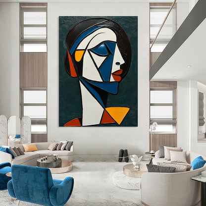 Large contemporary hand-painted abstract artwork featuring a cubist African woman with white and blue accents against a dark green background. DLZ1239