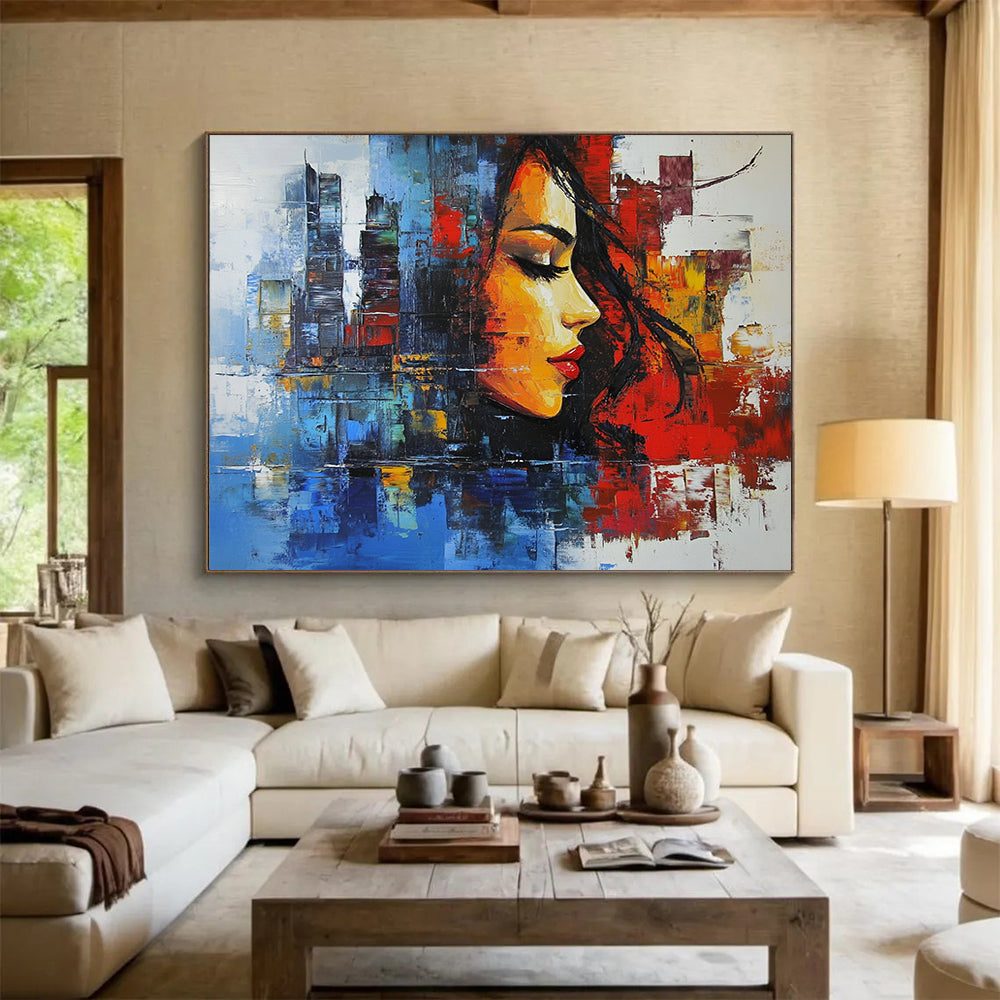 “Colorful Urban Woman Portrait” - Colorful Palette, Woman’s Face, City Background Painting On Canvas HB0851