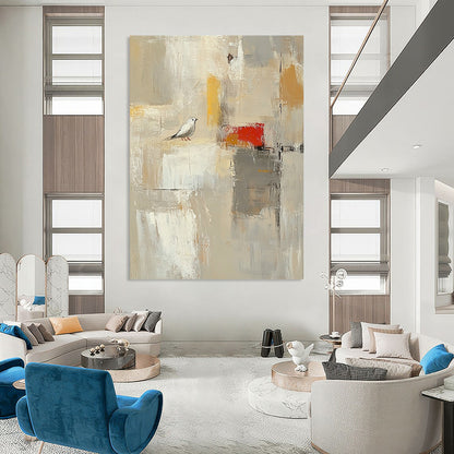 Contemporary hand-painted abstract artwork featuring large white spaces, textured brush strokes, and neutral colors highlighted with red and yellow accents. DLZ0920